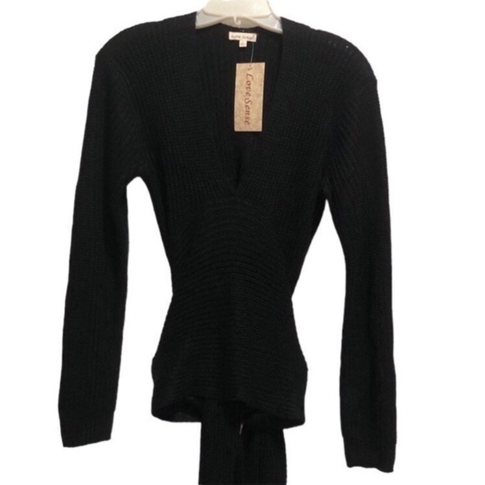 Black V-neck Wrap Around Tie Waist Sweater